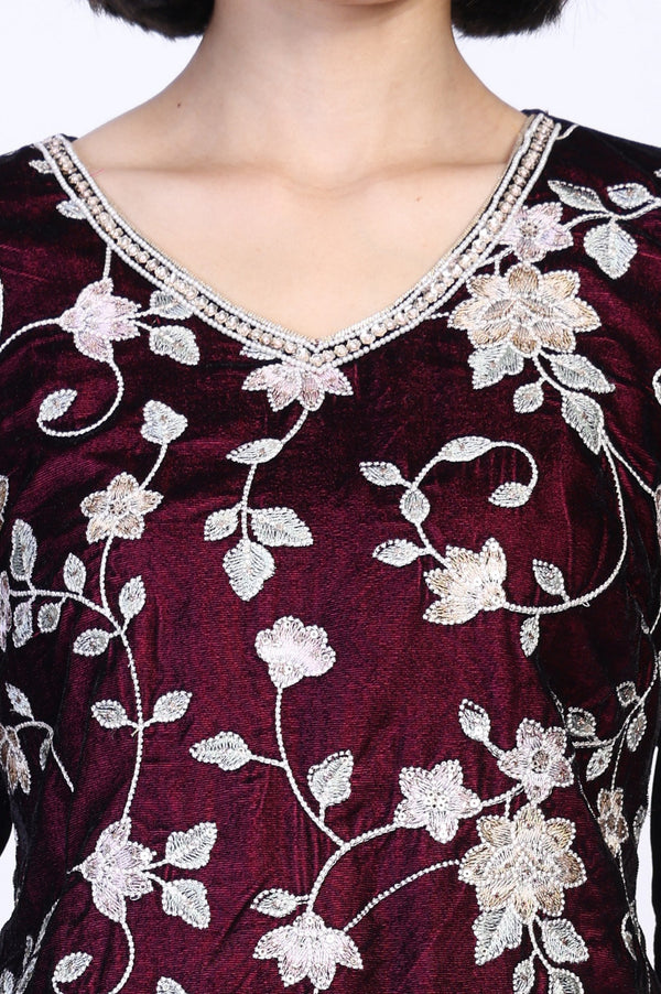 Maroon Floral Straight Kurta with Palazzo