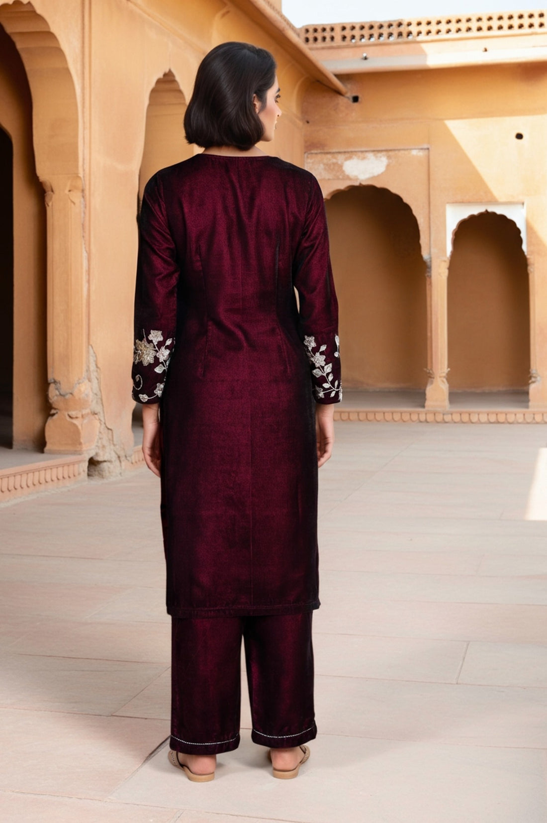 Maroon Embroidered Beaded Straight Velvet Kurta with Palazzo