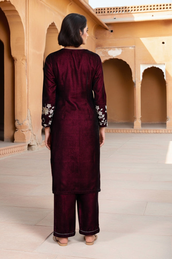 Maroon Floral Straight Kurta with Palazzo