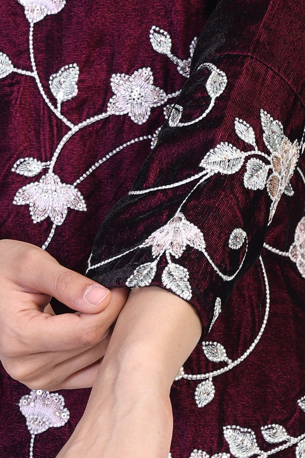 Maroon Embroidered Beaded Straight Velvet Kurta with Palazzo