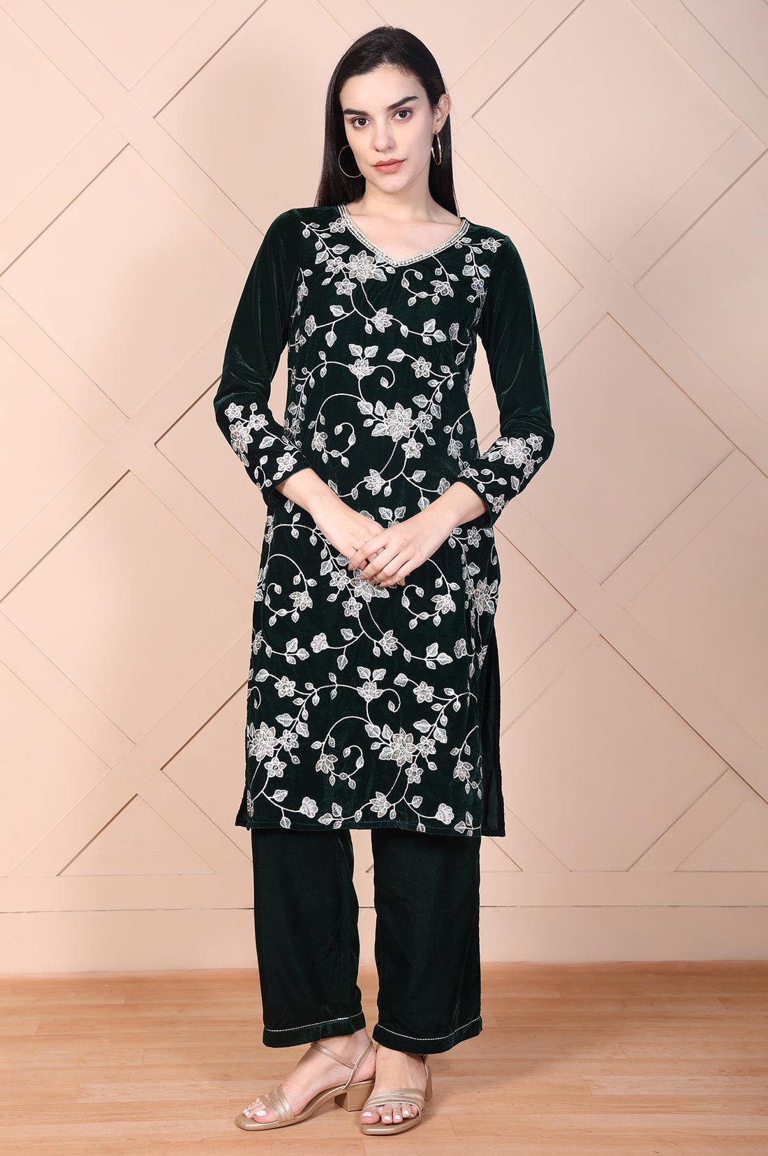 Dark Green Embroidered Straight Velvet Kurta with Palazzo Set