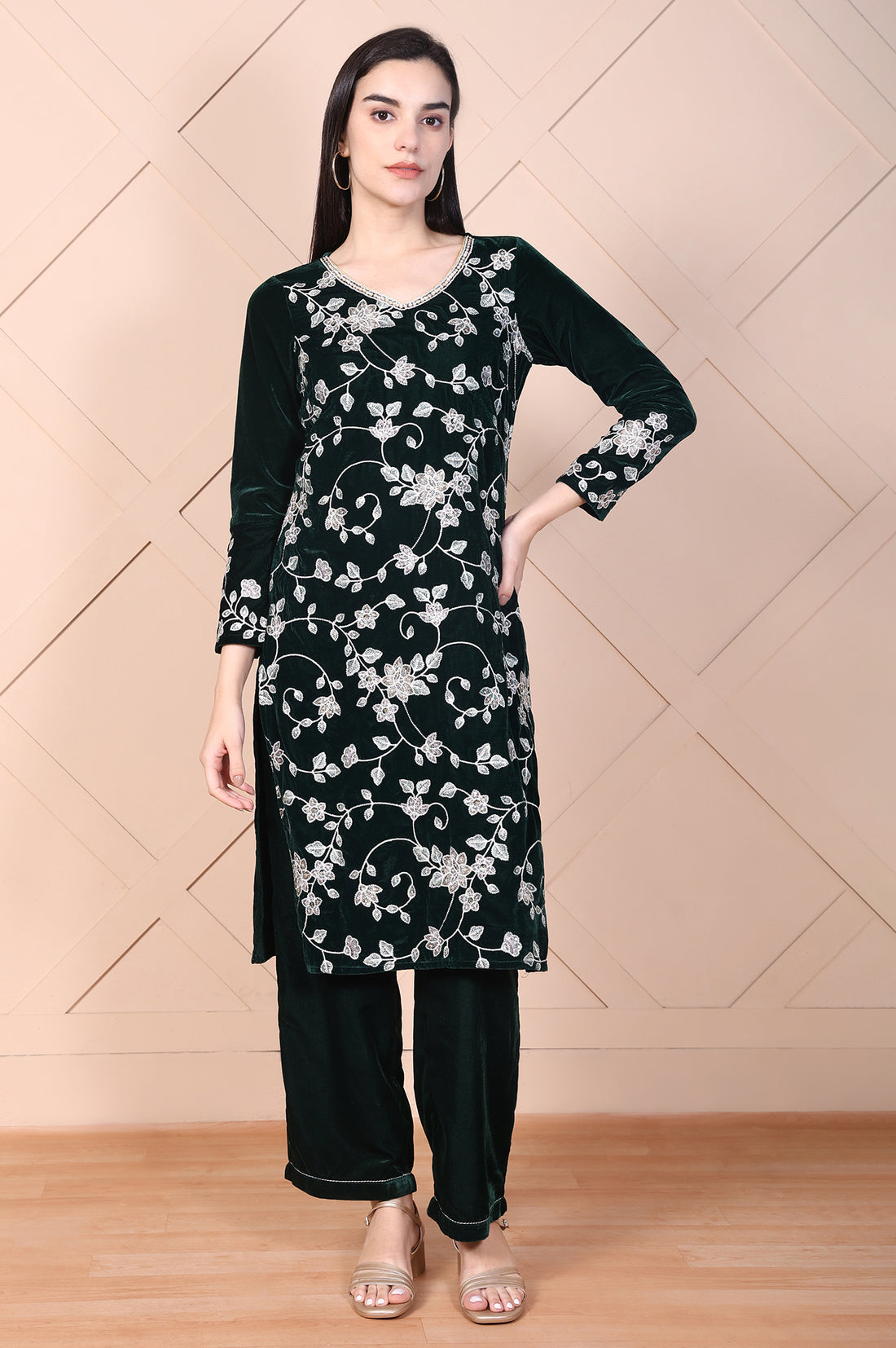 Dark Green Embroidered Straight Velvet Kurta with Palazzo Set