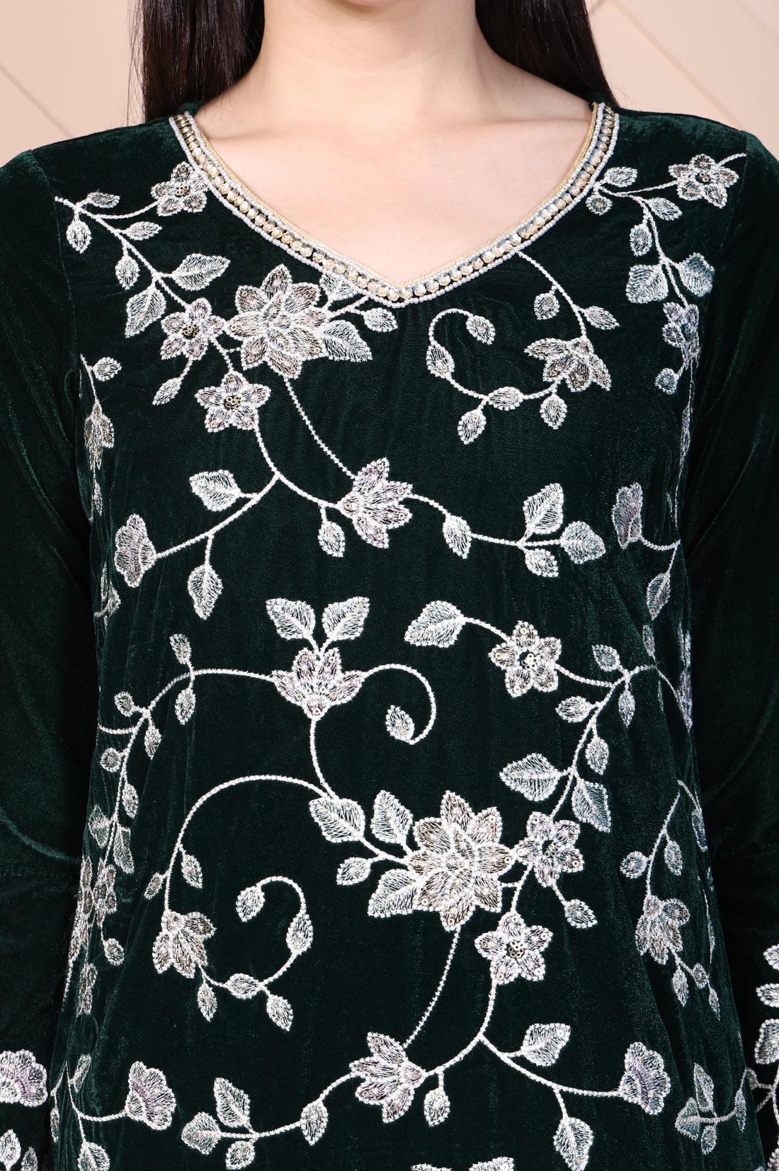 Dark Green Embroidered Straight Velvet Kurta with Palazzo Set