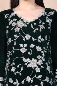 Dark Green Embroidered Straight Velvet Kurta with Palazzo Set