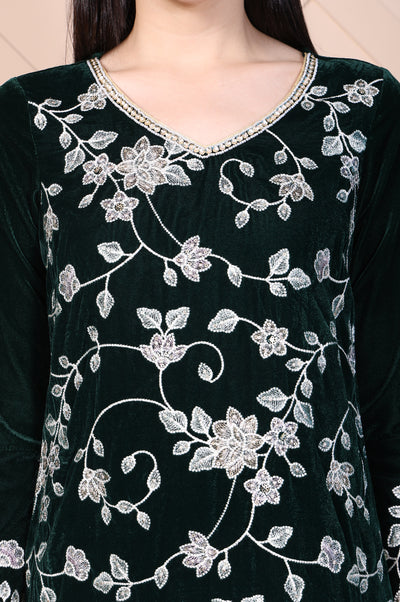 Dark Green Embroidered Straight Velvet Kurta with Palazzo Set