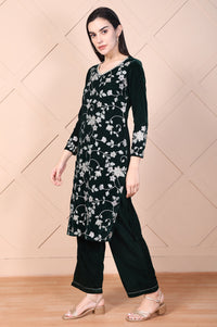 Dark Green Embroidered Straight Velvet Kurta with Palazzo Set
