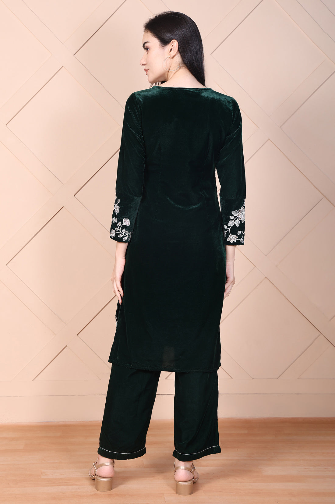Dark Green Embroidered Straight Velvet Kurta with Palazzo Set