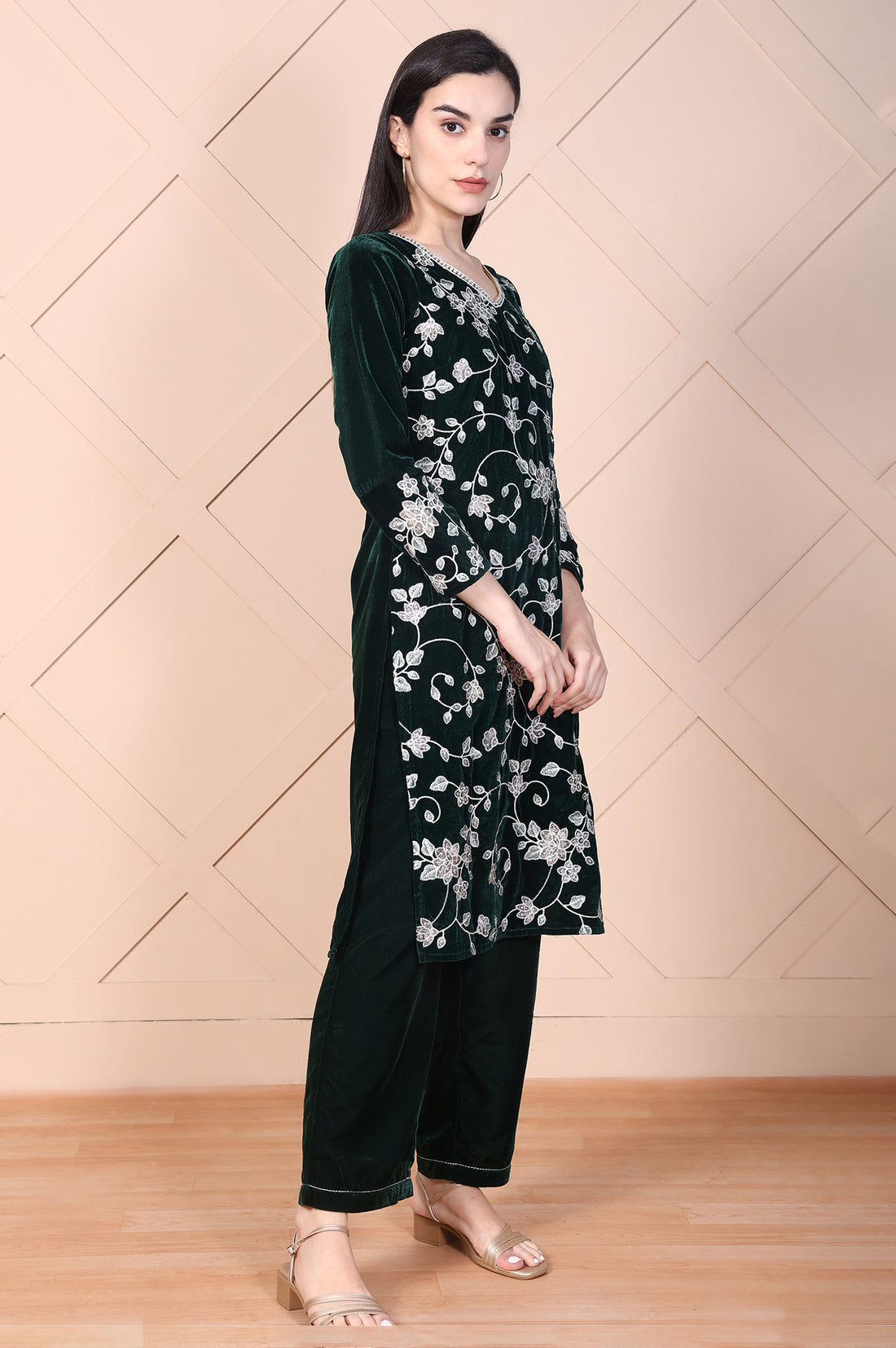 Dark Green Embroidered Straight Velvet Kurta with Palazzo Set