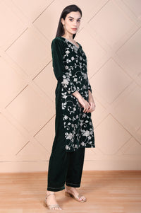 Dark Green Embroidered Straight Velvet Kurta with Palazzo Set