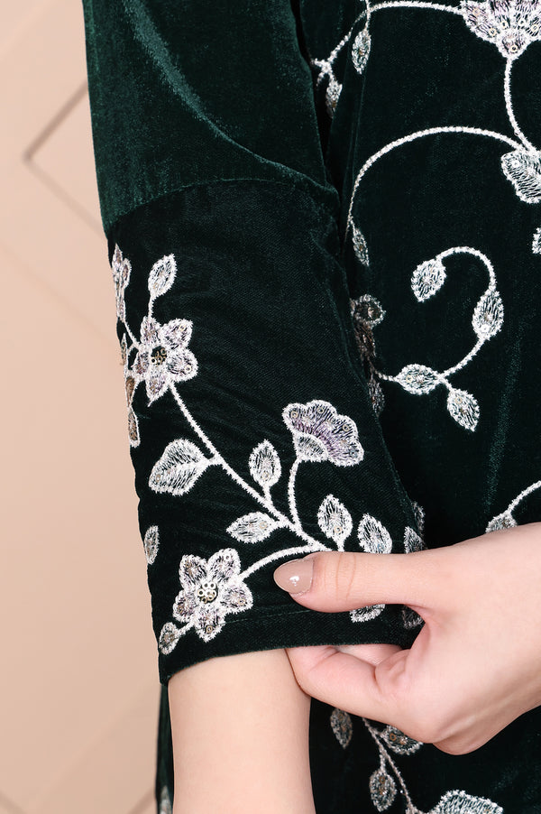 Dark Green Embroidered Straight Velvet Kurta with Palazzo Set