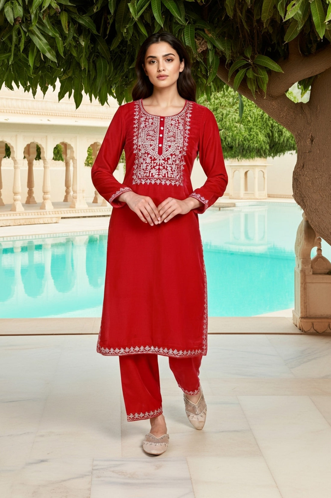 Pink Embroidered Straight Velvet Kurta with Trouser