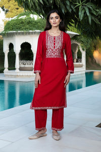 Pink Embroidered Straight Velvet Kurta with Trouser