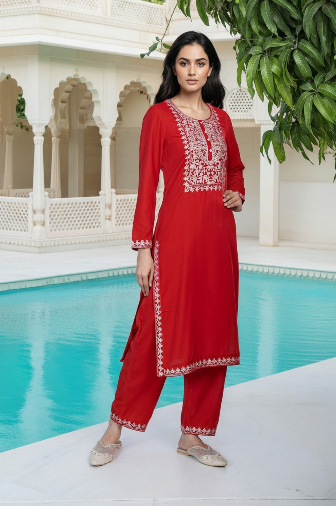 Pink Embroidered Straight Velvet Kurta with Trouser