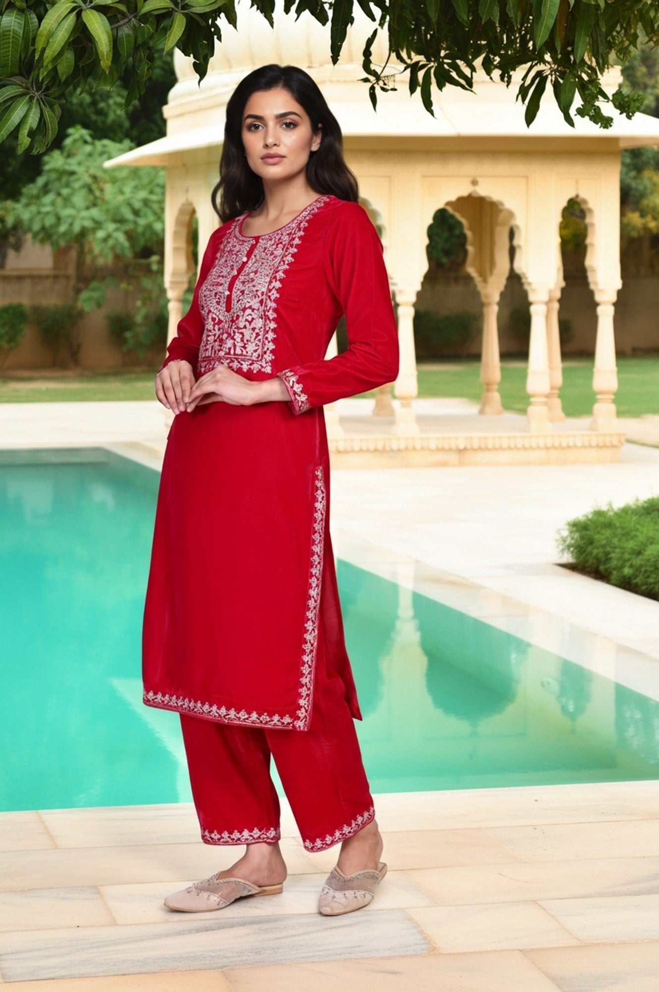 Pink Embroidered Straight Velvet Kurta with Trouser
