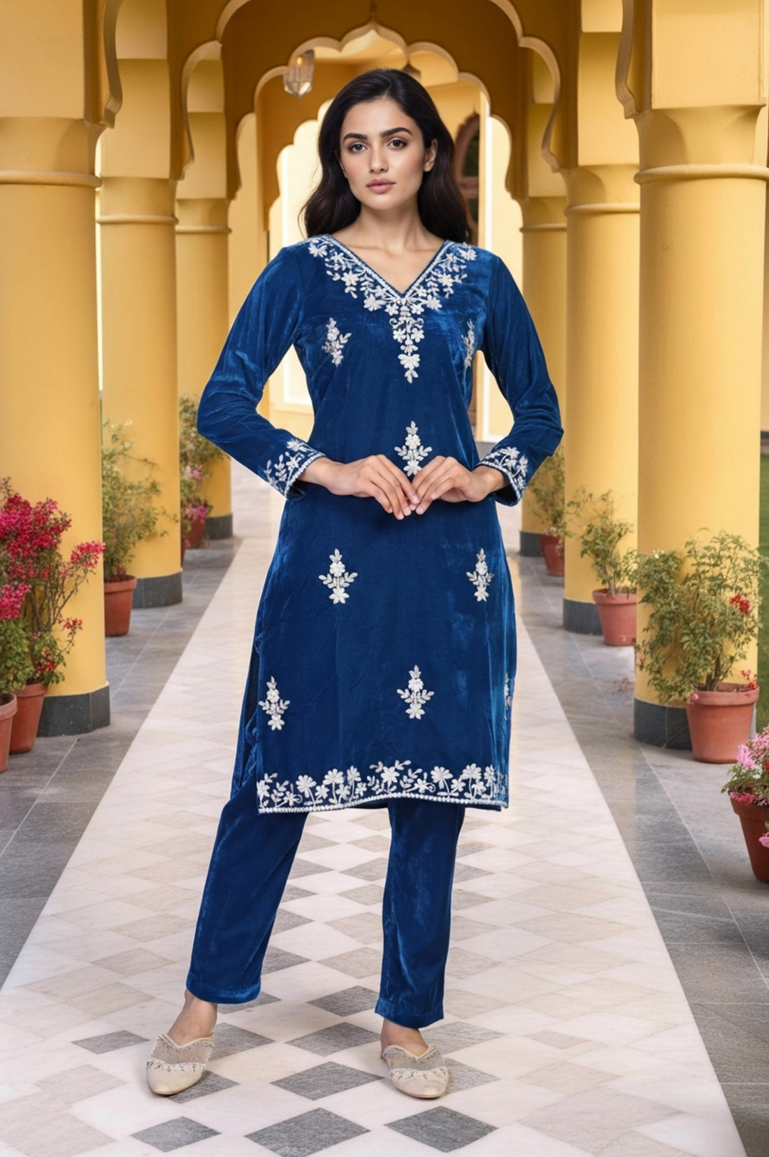 Blue Dori Embroidery Straight Kurta with Trouser