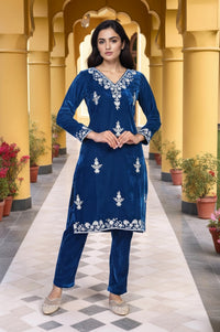 Blue Dori Embroidery Straight Kurta with Trouser