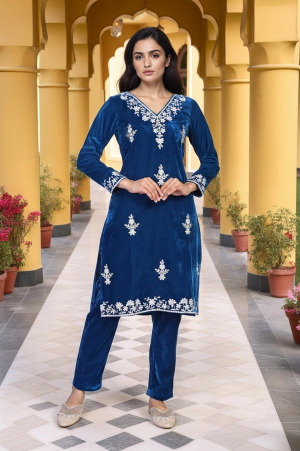 Blue Dori Embroidery Straight Kurta with Trouser