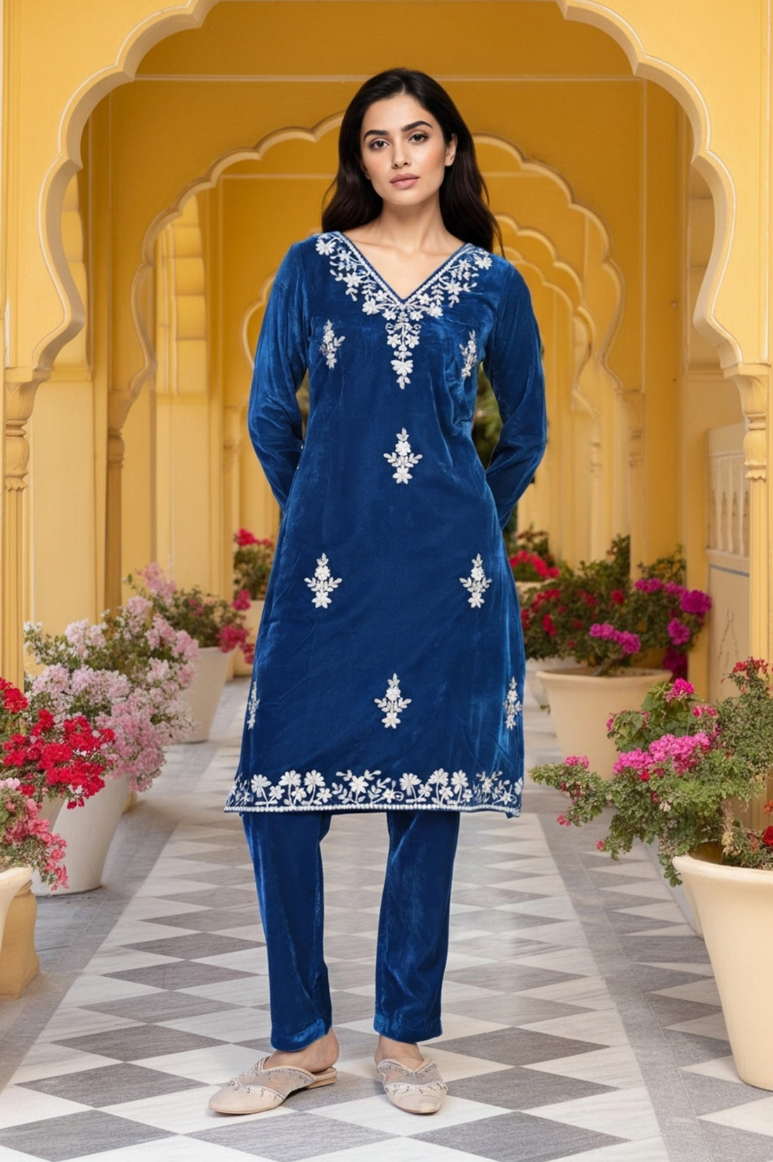 Blue Solid Embroidered Thread Work Straight Velvet Kurta with Trouser