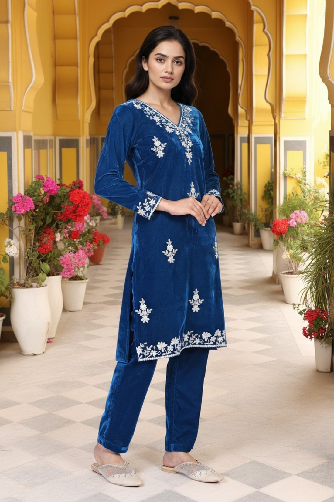 Blue Solid Embroidered Thread Work Straight Velvet Kurta with Trouser