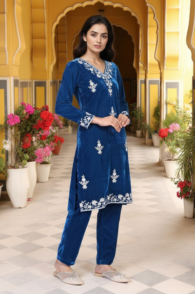 Blue Solid Embroidered Thread Work Straight Velvet Kurta with Trouser