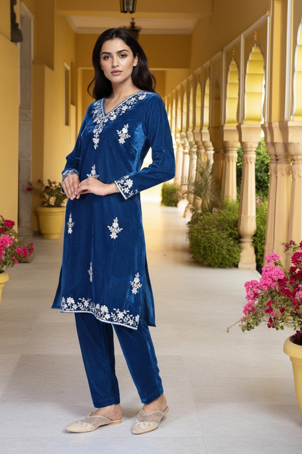 Blue Dori Embroidery Straight Kurta with Trouser