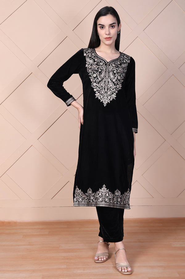 Black Embroidered Acrylic Straight Kurta and Palazzo Winter Co-ord Set