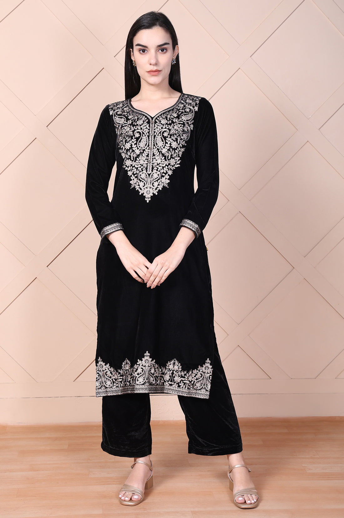 Black Embroidered Acrylic Straight Kurta and Palazzo Winter Co-ord Set