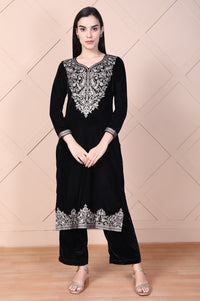 Black Embroidered Acrylic Straight Kurta and Palazzo Winter Co-ord Set
