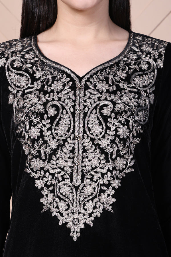 Black Embroidered Acrylic Straight Kurta and Palazzo Winter Co-ord Set