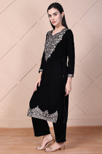 Black Embroidered Acrylic Straight Kurta and Palazzo Winter Co-ord Set