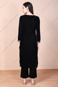 Black Embroidered Acrylic Straight Kurta and Palazzo Winter Co-ord Set
