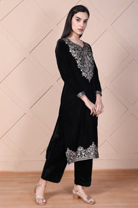 Black Embroidered Acrylic Straight Kurta and Palazzo Winter Co-ord Set