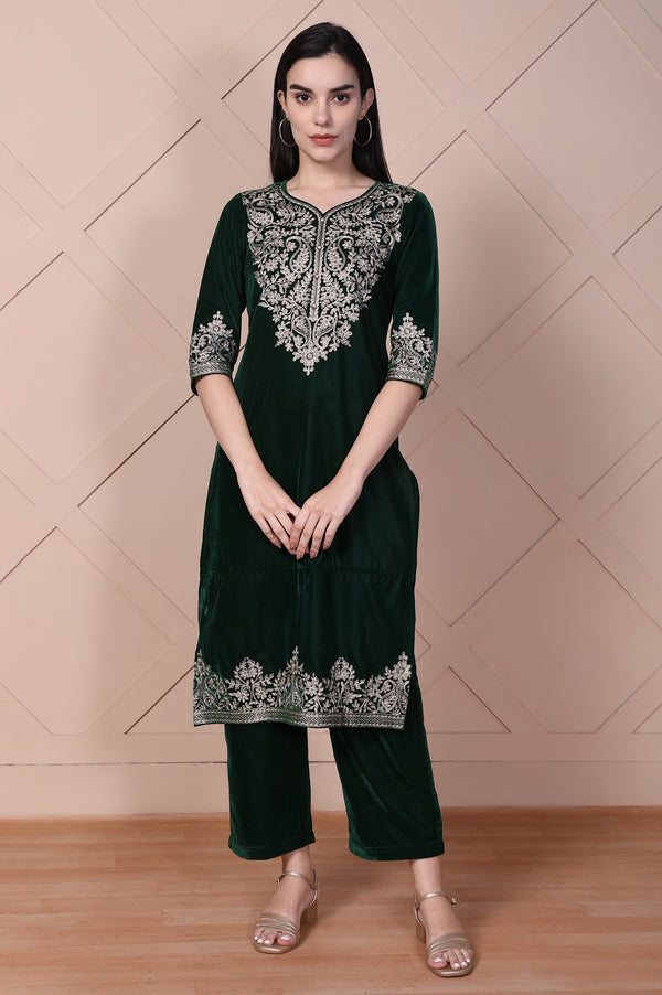 Green Embroidered Straight Acrylic Blend Kurta with Palazzo Set