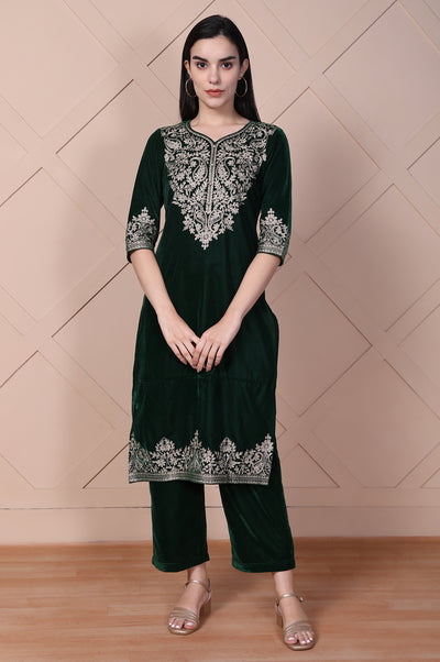 Green Embroidered Straight Acrylic Blend Kurta with Palazzo Set