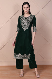 Green Embroidered Straight Acrylic Blend Kurta with Palazzo Set