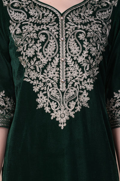 Green Embroidered Straight Acrylic Blend Kurta with Palazzo Set