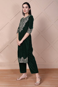 Green Embroidered Straight Acrylic Blend Kurta with Palazzo Set