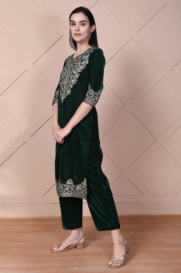 Green Embroidered Straight Acrylic Blend Kurta with Palazzo Set