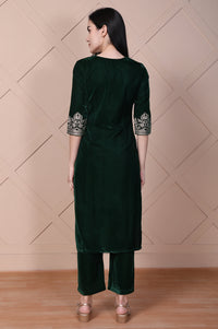 Green Embroidered Straight Acrylic Blend Kurta with Palazzo Set
