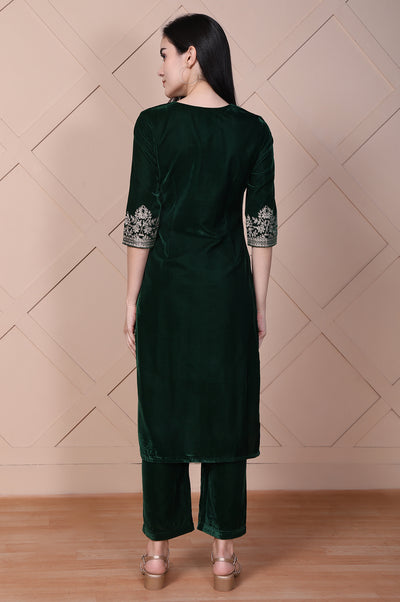 Green Embroidered Straight Acrylic Blend Kurta with Palazzo Set