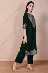 Green Embroidered Straight Acrylic Blend Kurta with Palazzo Set