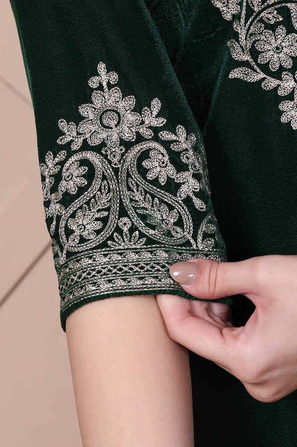 Green Embroidered Straight Acrylic Blend Kurta with Palazzo Set