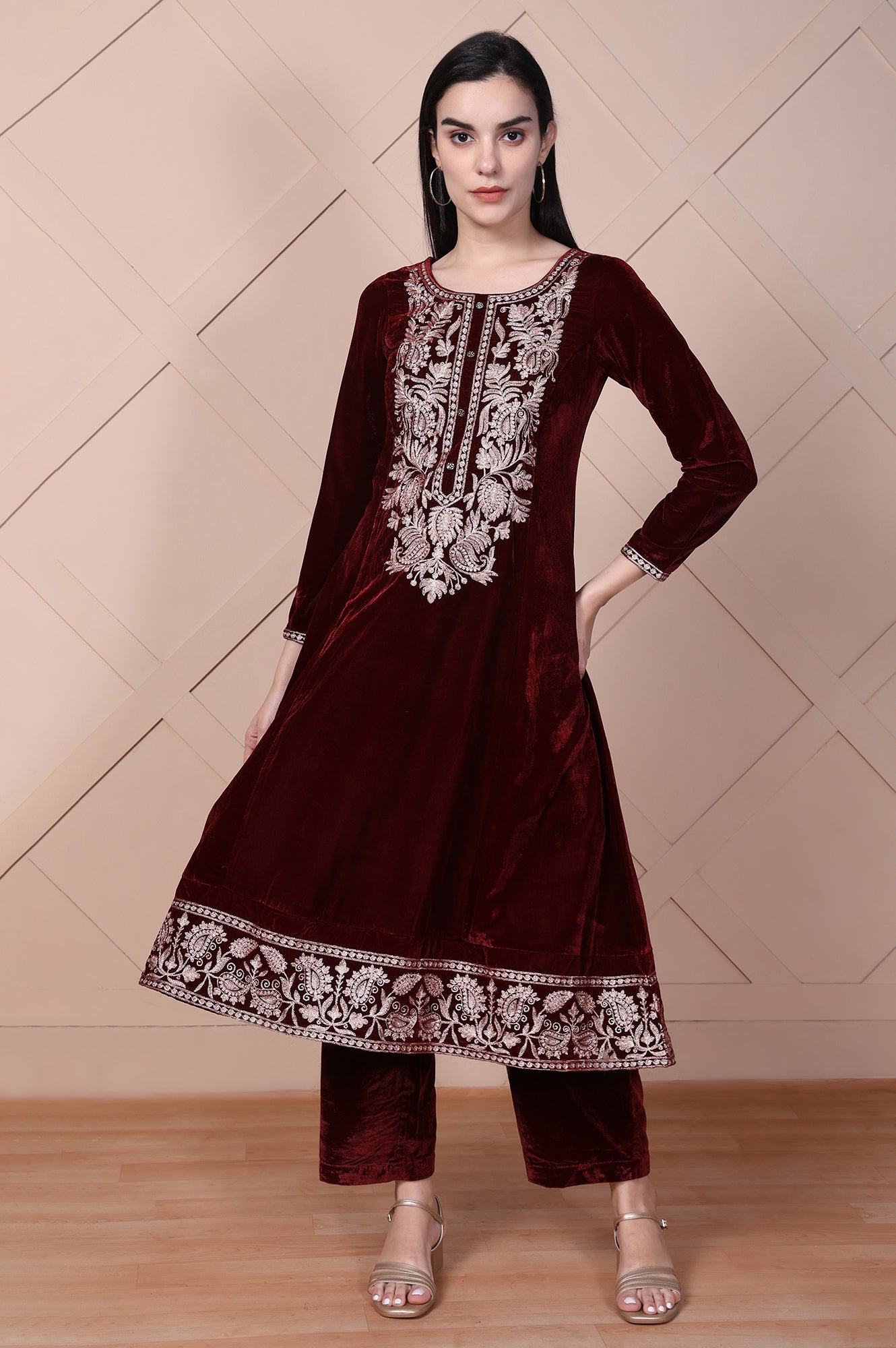 Maroon Embroidered A-Line Velvet Kurta with Palazzo Set