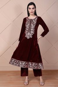 Maroon Embroidered A-Line Velvet Kurta with Palazzo Set