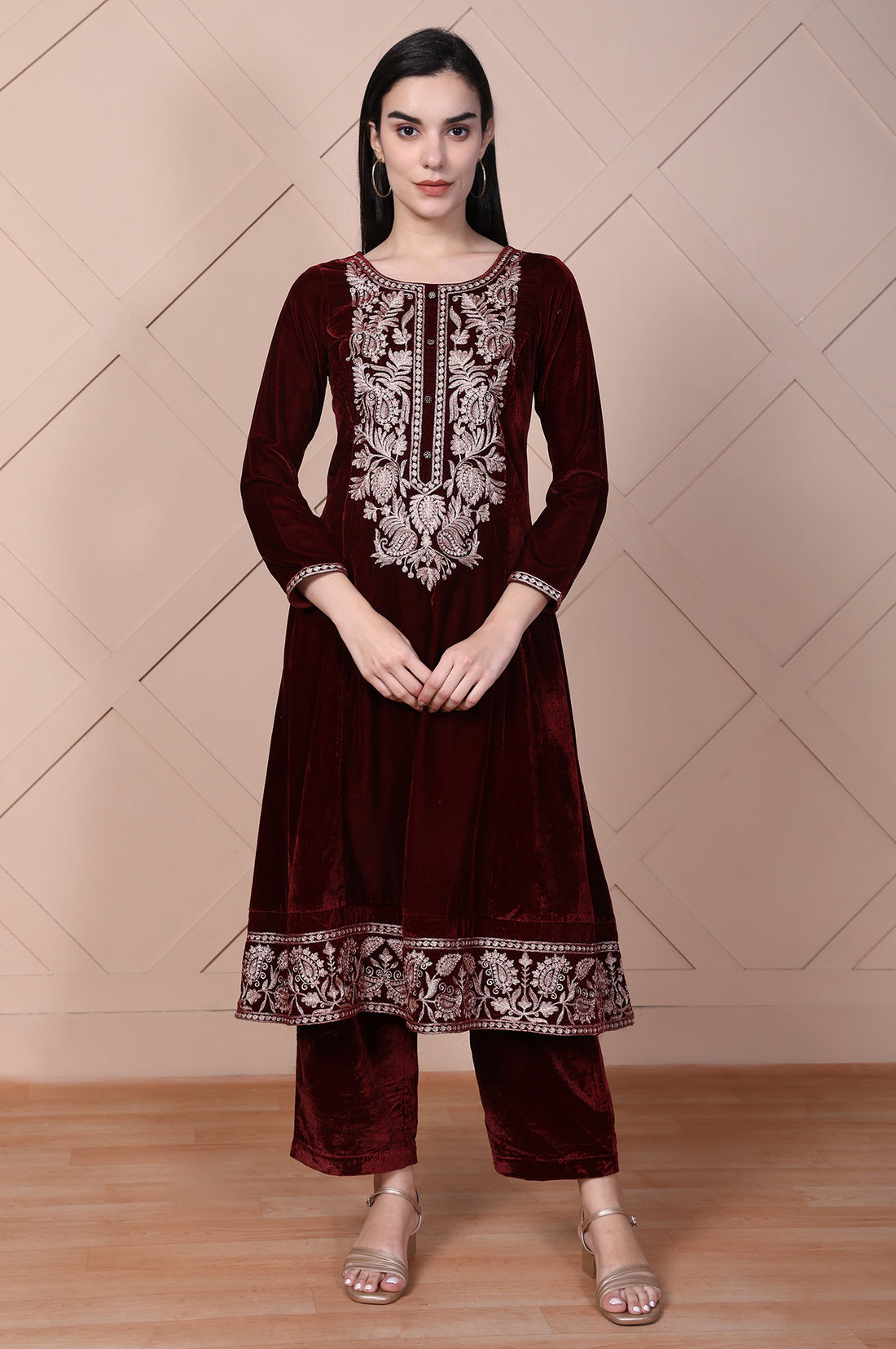 Maroon Embroidered A-Line Velvet Kurta with Palazzo Set