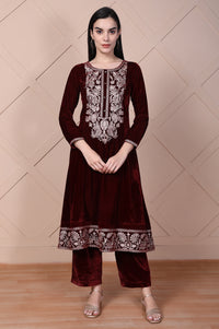 Maroon Embroidered A-Line Velvet Kurta with Palazzo Set