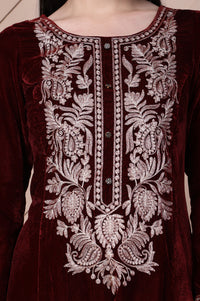 Maroon Embroidered A-Line Velvet Kurta with Palazzo Set