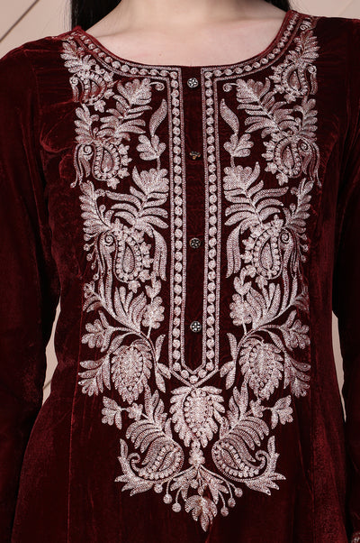 Maroon Embroidered A-Line Velvet Kurta with Palazzo Set