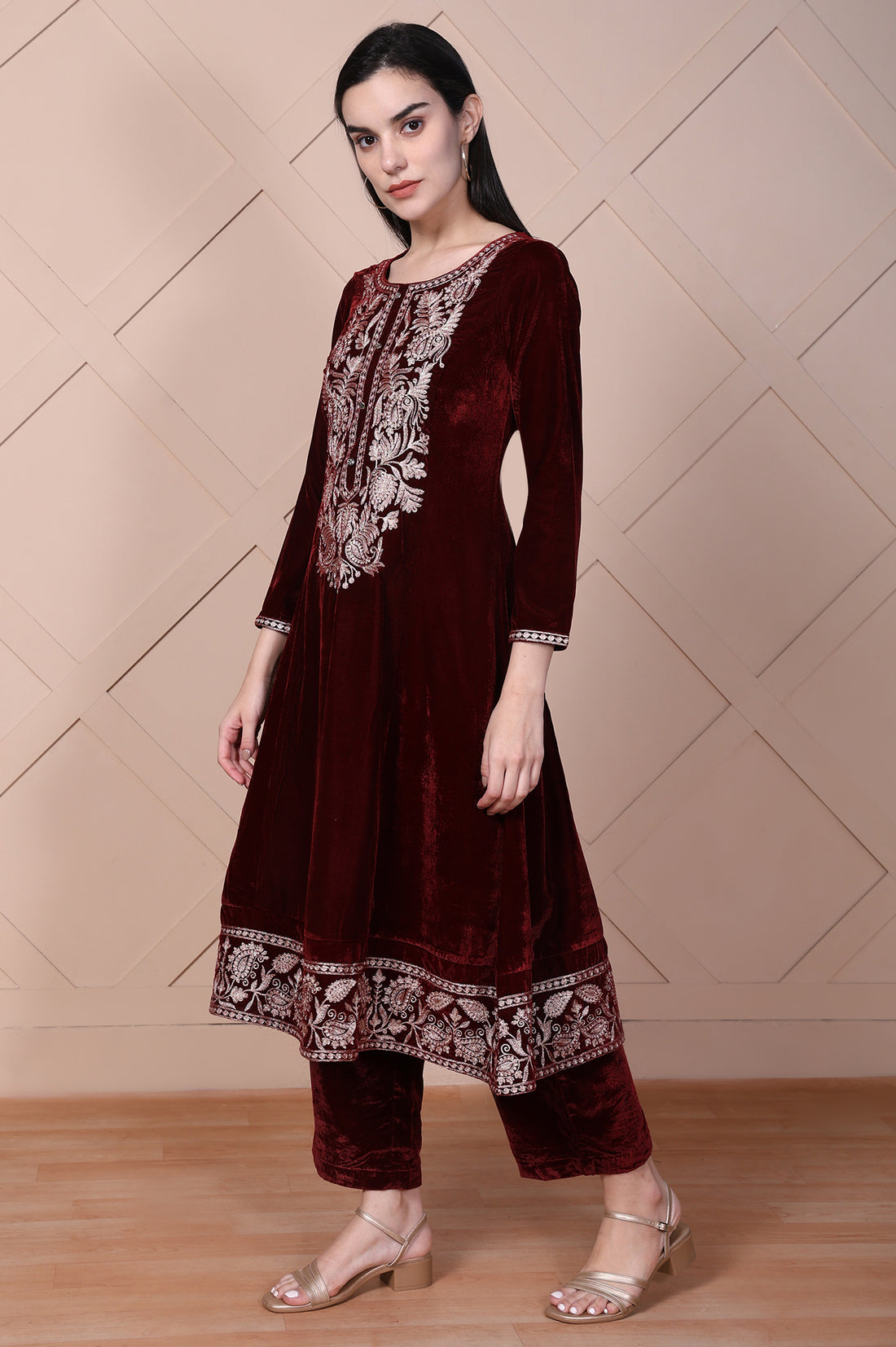 Maroon Embroidered A-Line Velvet Kurta with Palazzo Set