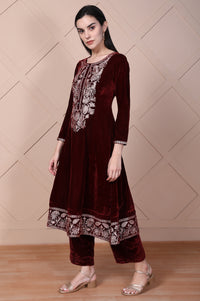 Maroon Embroidered A-Line Velvet Kurta with Palazzo Set